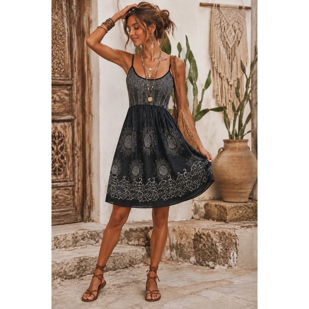 Max Studio Black Dress Small Sunflower Smocked Boho Chic Festival Artisan Hippie